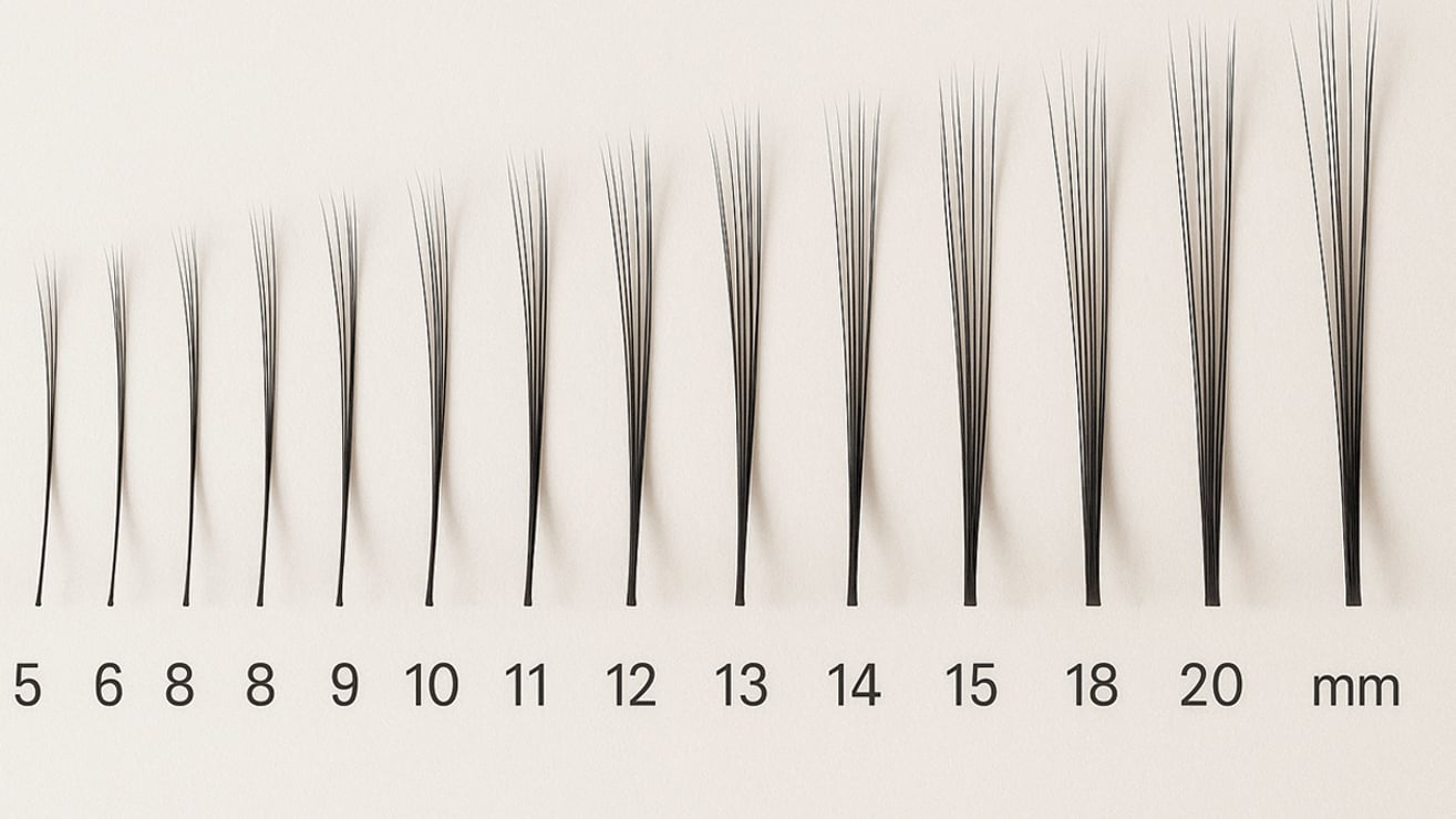 Visual comparison of eyelash extension lengths from 5mm to 20mm