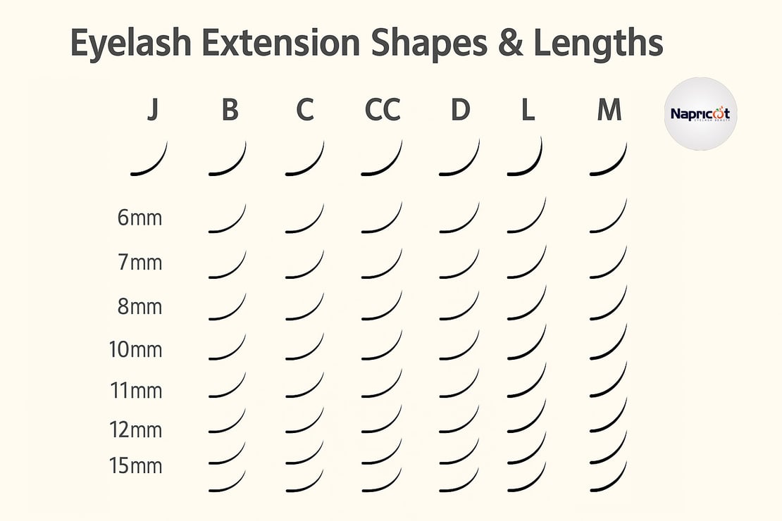 Visual chart of eyelash extension shapes and lengths from J to M curl and 6mm to 15mm