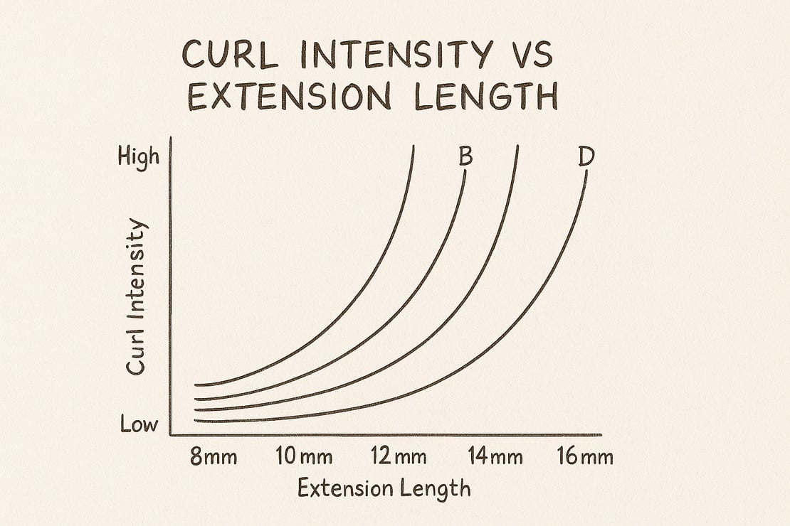 Infographic chart of lash extension lengths and curl combinations for varied styles