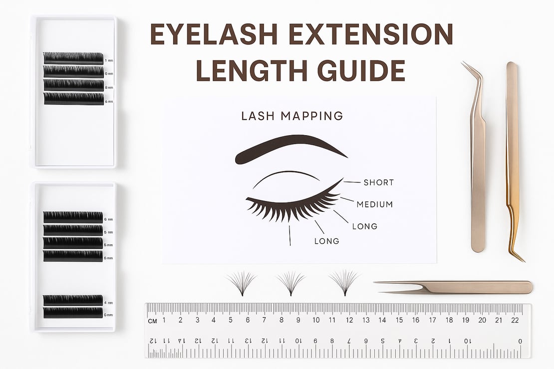 Eyelash extension length guide with lash trays, mapping chart, and tools