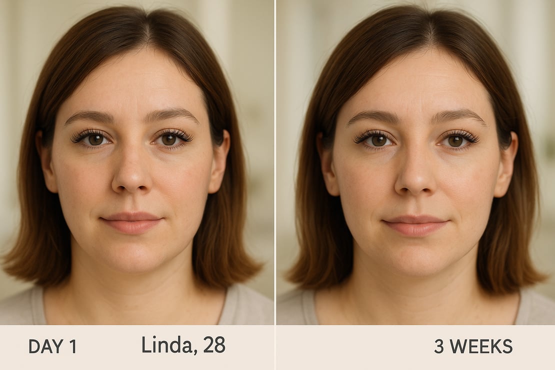 Before and after: retention of 12 mm–13 mm eyelash extensions over three weeks.