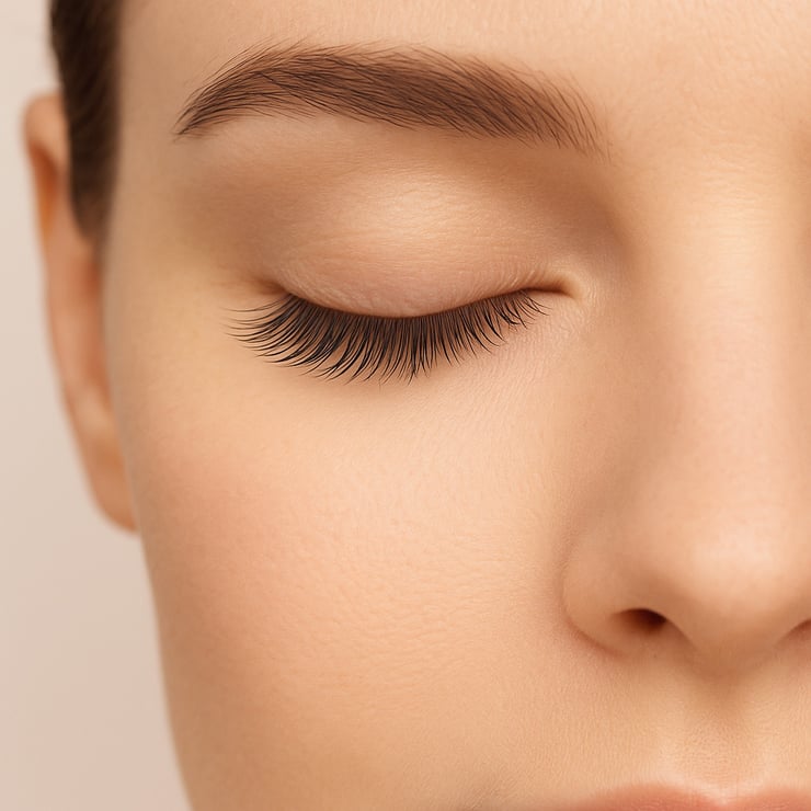 Model wearing natural eyelash extensions with 8-11mm lengths