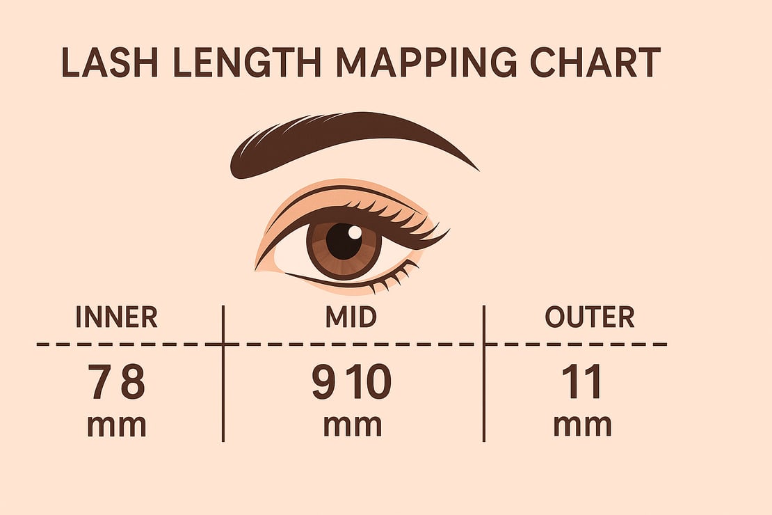 Lash length mapping chart with inner, mid, and outer corner zones