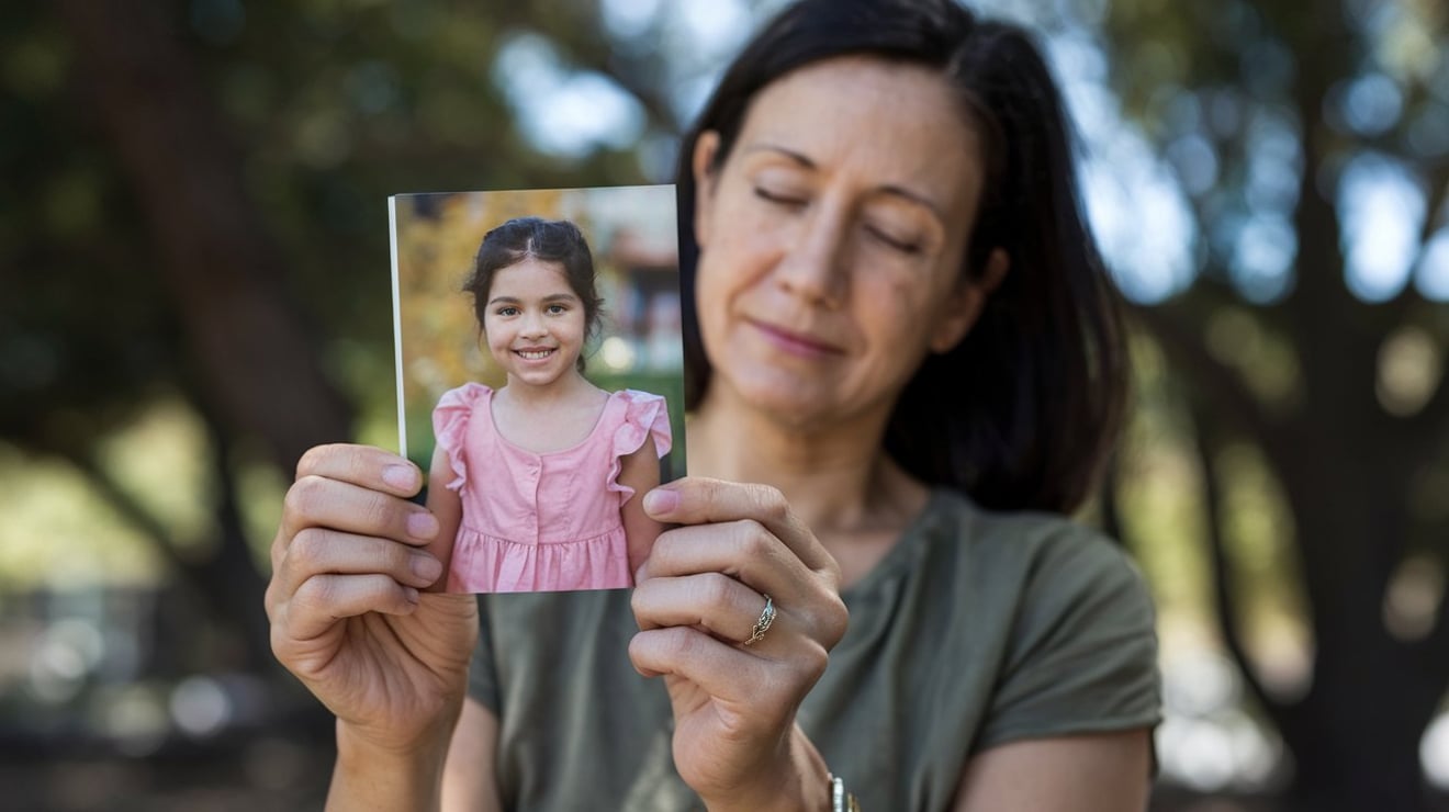 A mother holding a photo of her late daughter with a peaceful expression