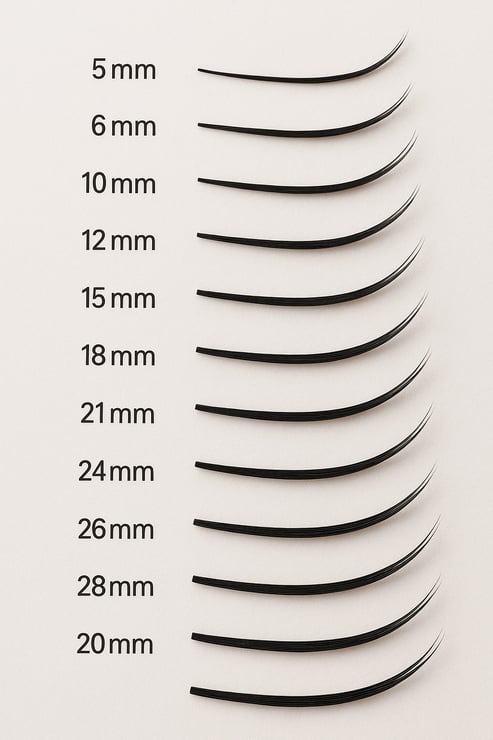 Sample eyelash extension lengths displayed from 5mm to 20mm