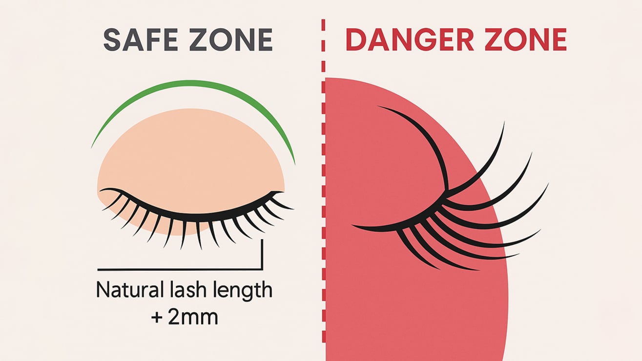 Illustration of safe zone versus danger zone in eyelash extension length and thickness