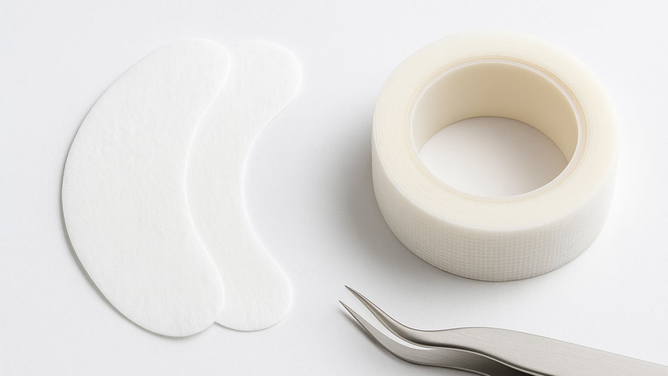 Under-eye pads and lash tape used during eyelash extension application