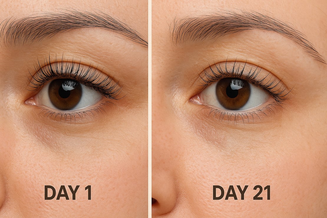 Before and after retention of 12mm eyelash extensions over three weeks