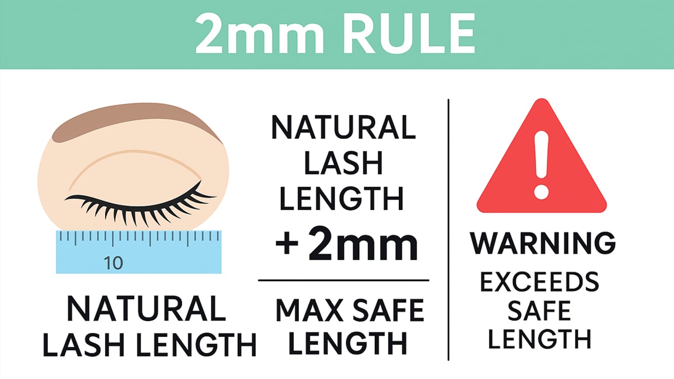 Infographic illustrating the 2mm rule for safe eyelash extensions