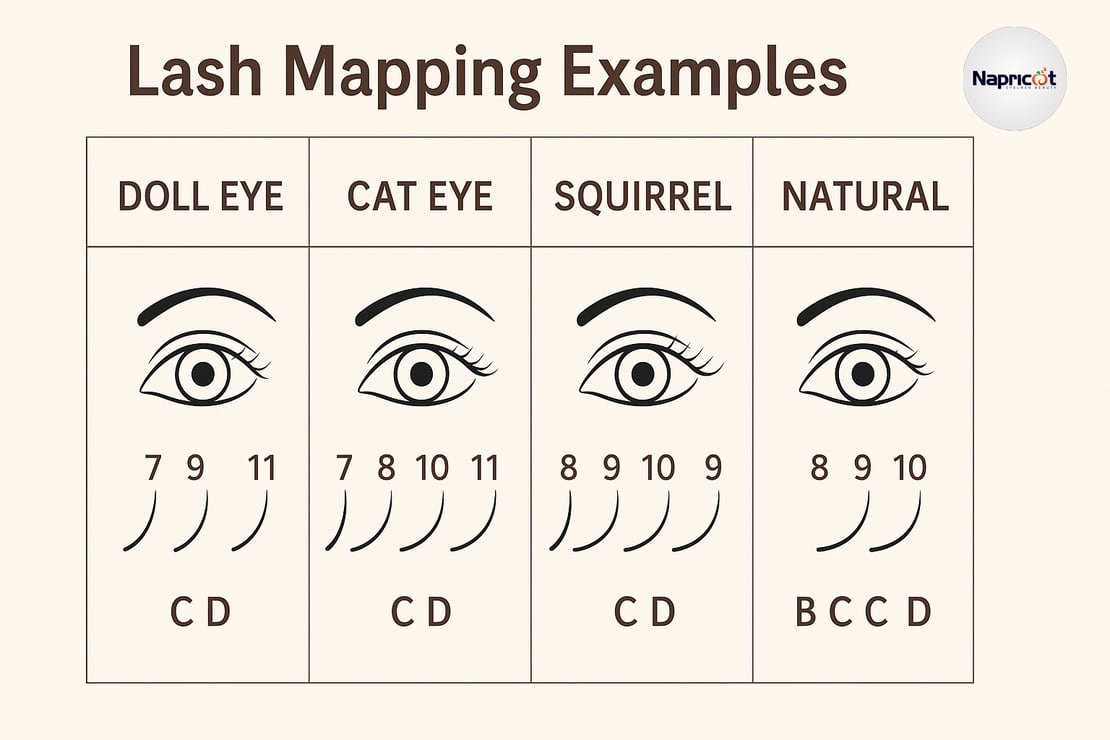 Lash mapping examples for doll eye, cat eye, squirrel, and natural eyelash extension styles