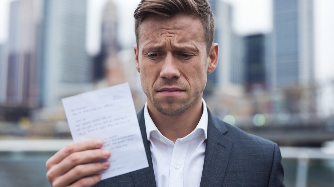 A person holding a letter with a sad expression
