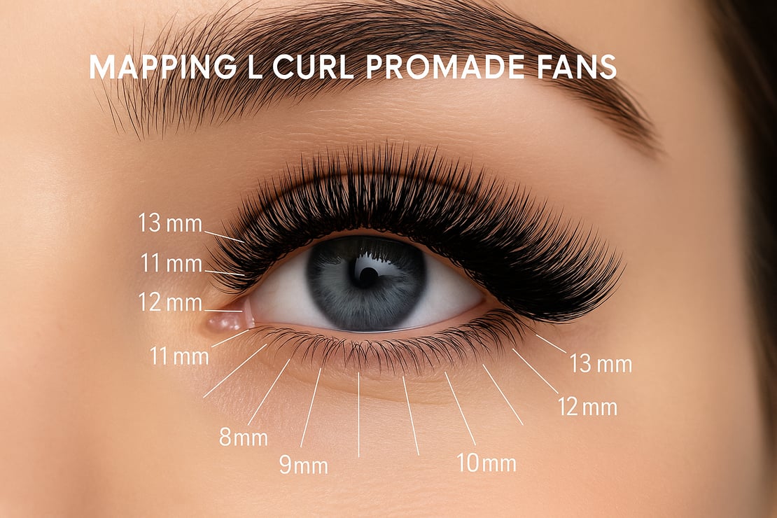 Lash mapping guide for L Curl Promade Fans: cat-eye and doll-eye layout