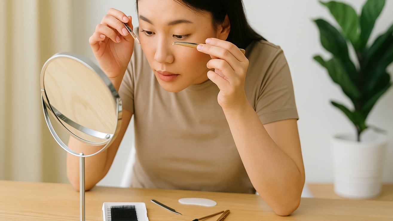 Beginner applying eyelash extensions at home with a starter kit