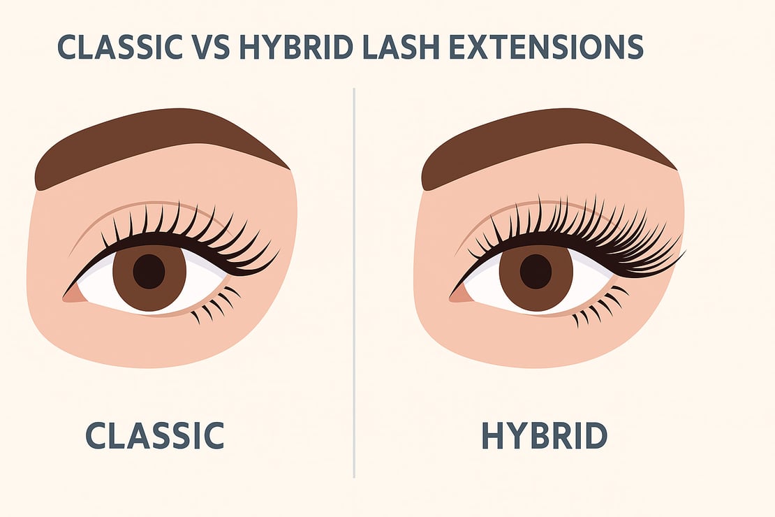 Comparison of classic vs hybrid lash extension styles