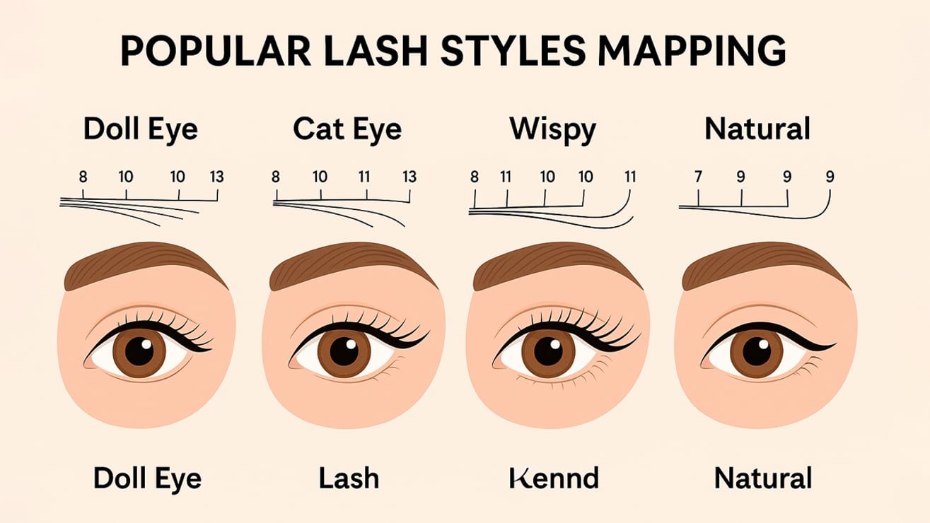 Infographic of popular lash styles with lash length mapping: Doll Eye, Cat Eye, Wispy, Natural
