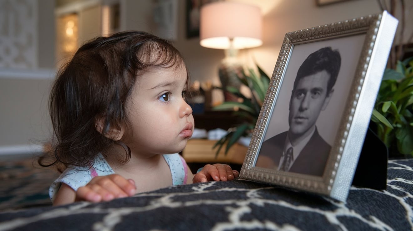 A daughter looking at her dad's picture