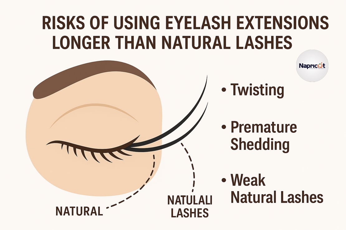 Infographic showing risks of using eyelash extensions longer than natural lashes