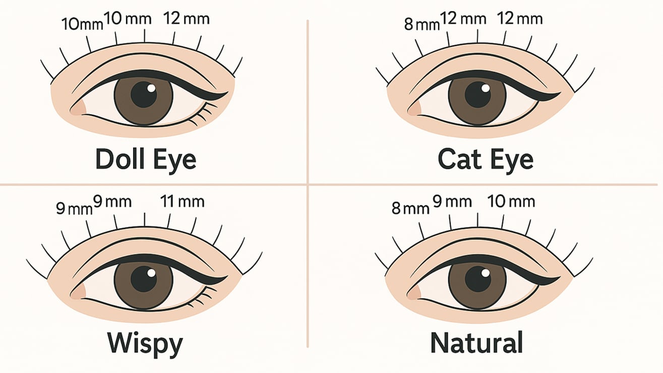 Infographic mapping lash lengths for popular styles: Doll Eye, Cat Eye, Wispy, Natural