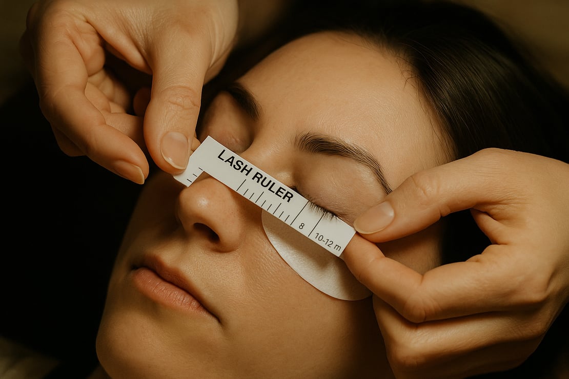Lash artist measuring natural lash length before applying extensions