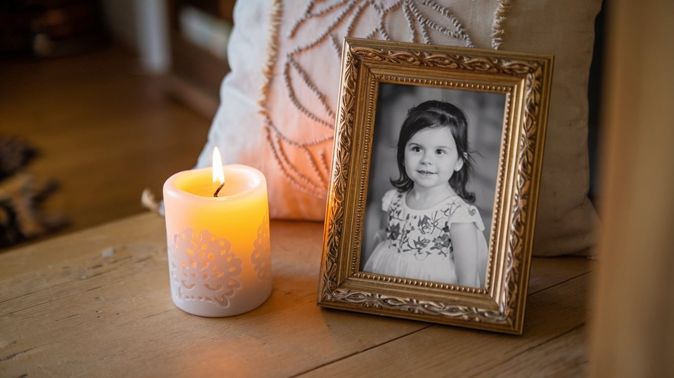 A lit candle with a framed picture of a daughter