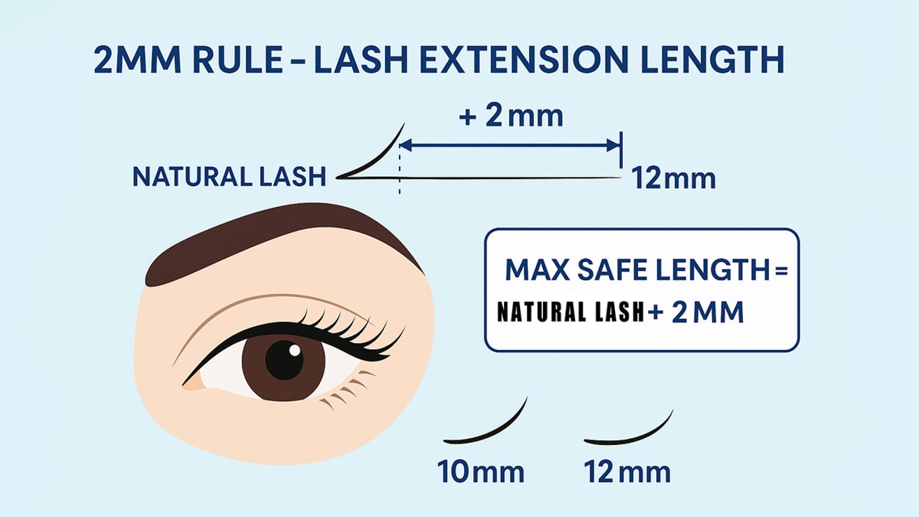 Illustration of the 2mm rule for safe eyelash extension length