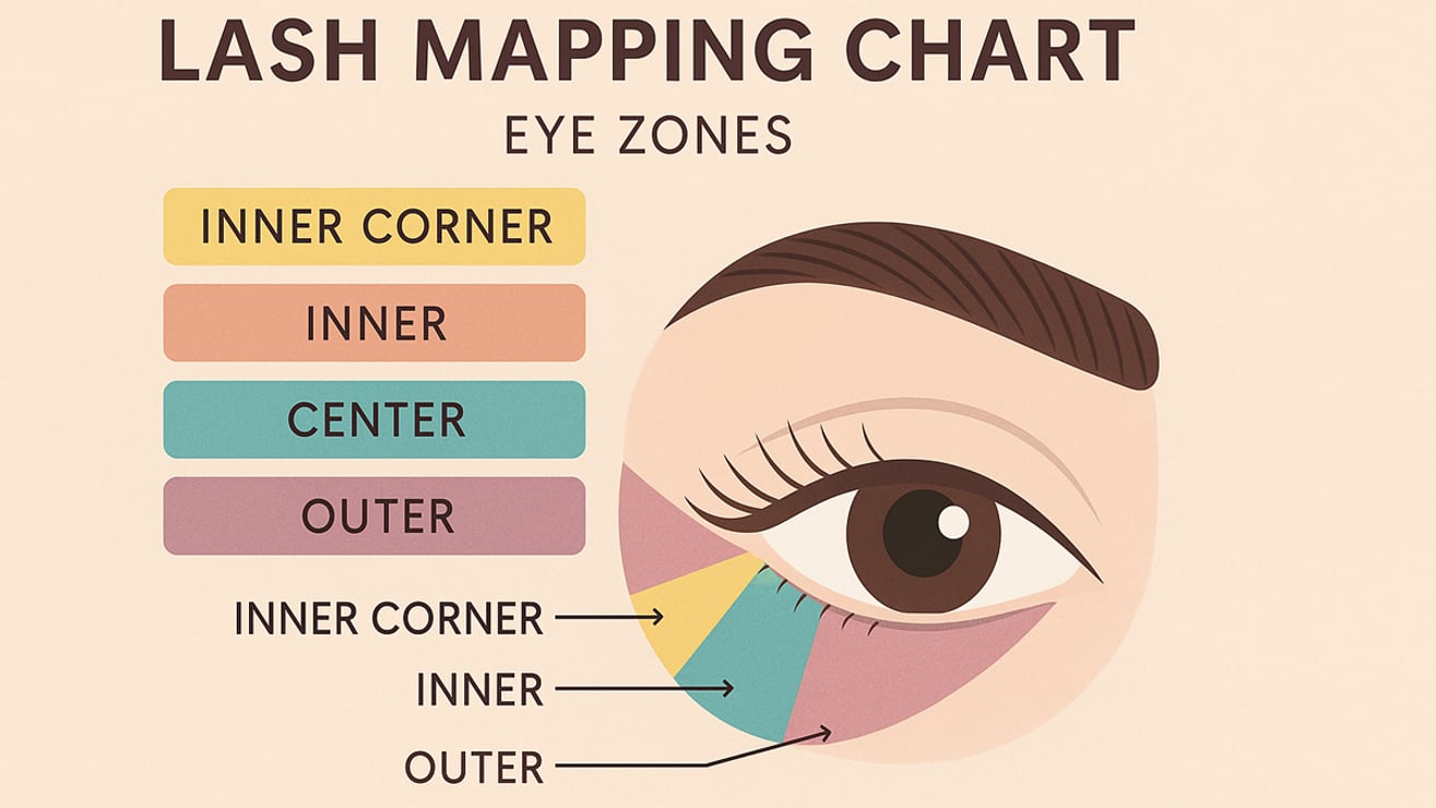 Lash mapping chart showing different eye zones for customized eyelash extension length