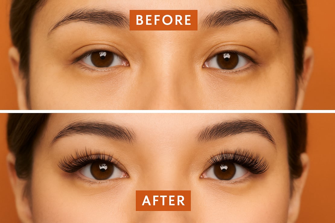 Before and after applying L Curl Promade Fans on hooded and monolid eyes