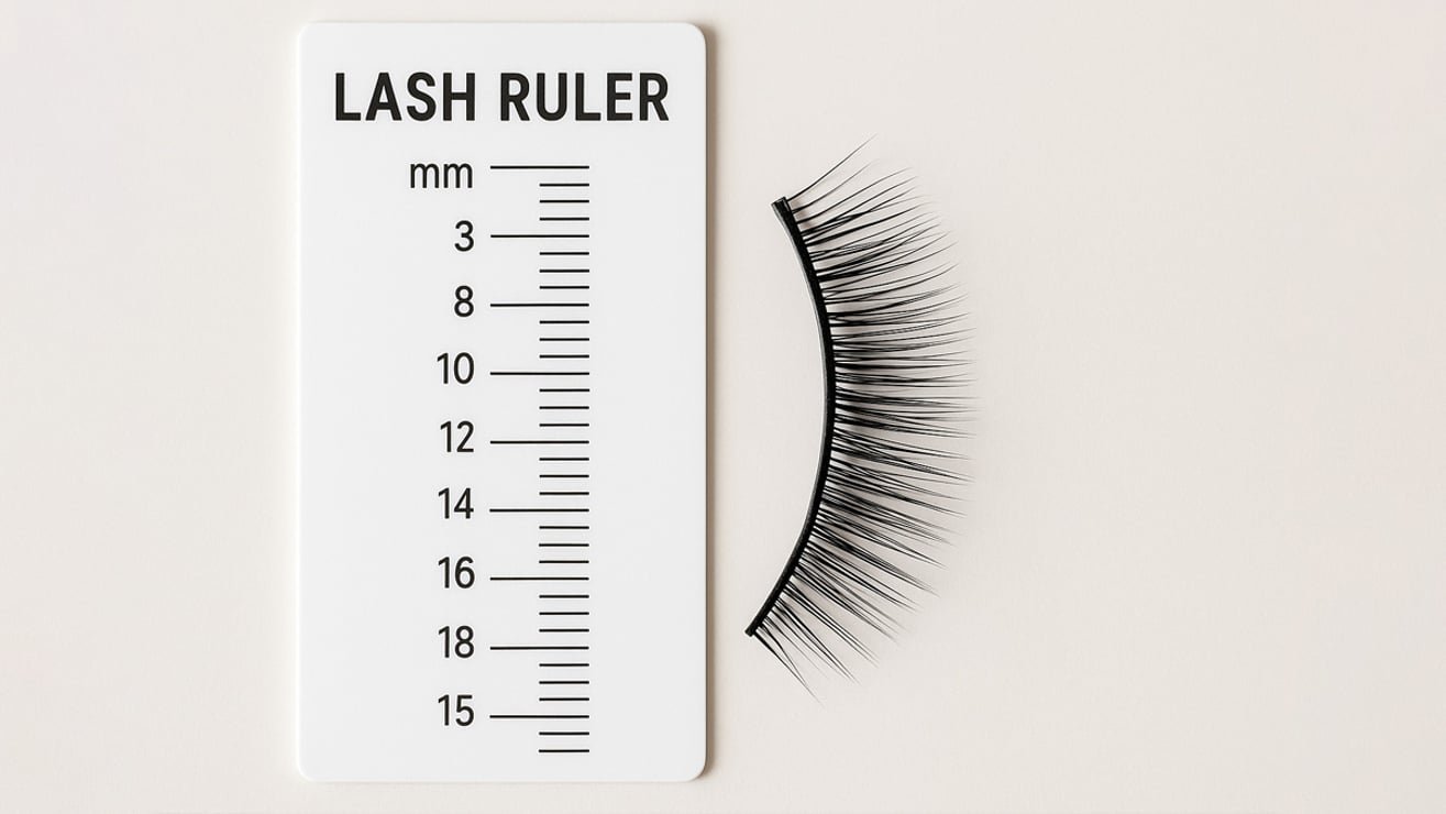 Close-up of lash ruler measuring eyelash extension lengths in millimeters