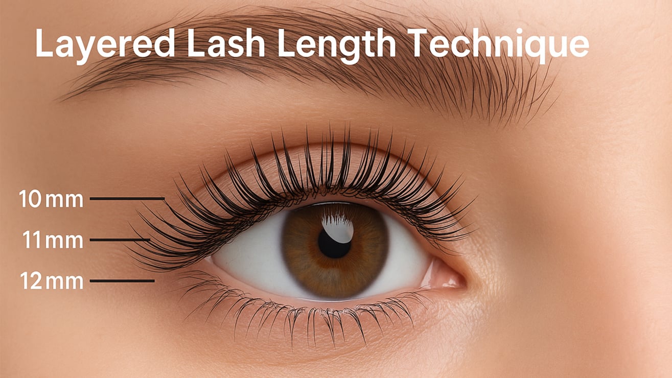Illustration of layering multiple lash lengths on a single lash line