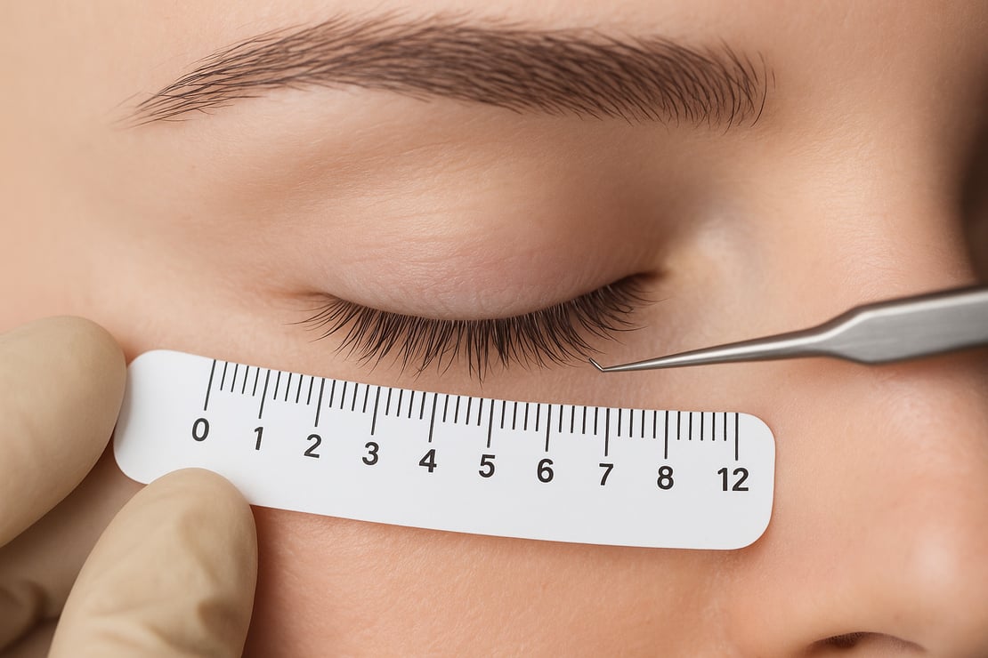 Lash technician measuring natural lash length before extensions