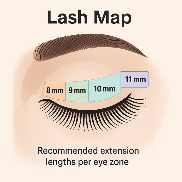 Illustration of lash map showing recommended extension lengths per eye zone