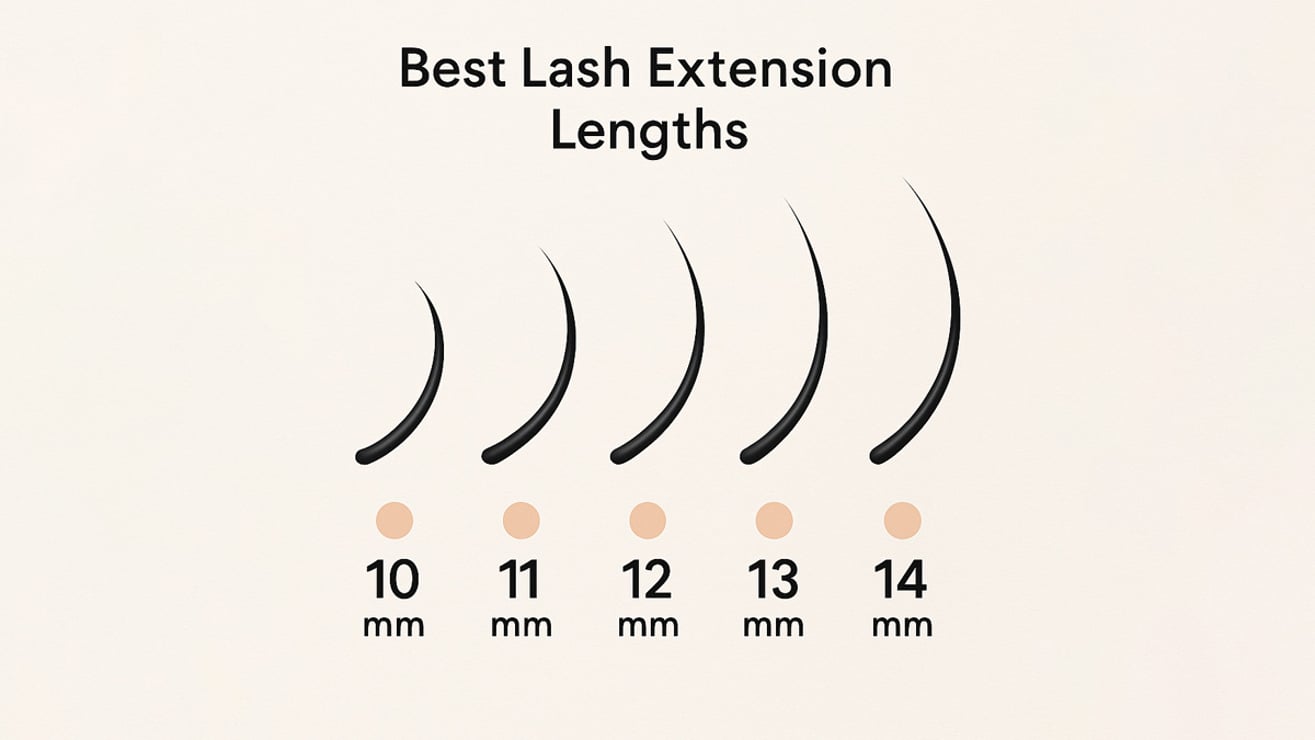 Comparison chart showing best lash extension lengths from 10 mm to 14 mm