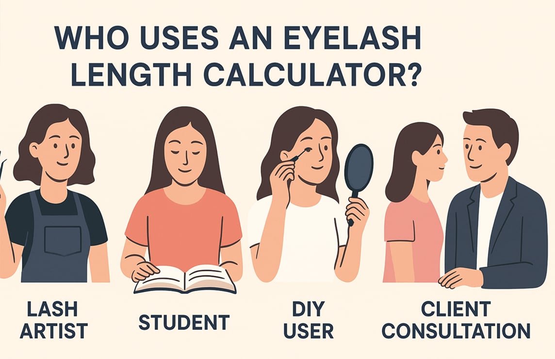 Illustration of lash artists, students, DIY users, and clients using eyelash extension length calculators