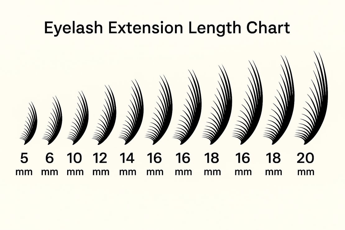 Infographic of eyelash extension length chart from 5mm to 20mm