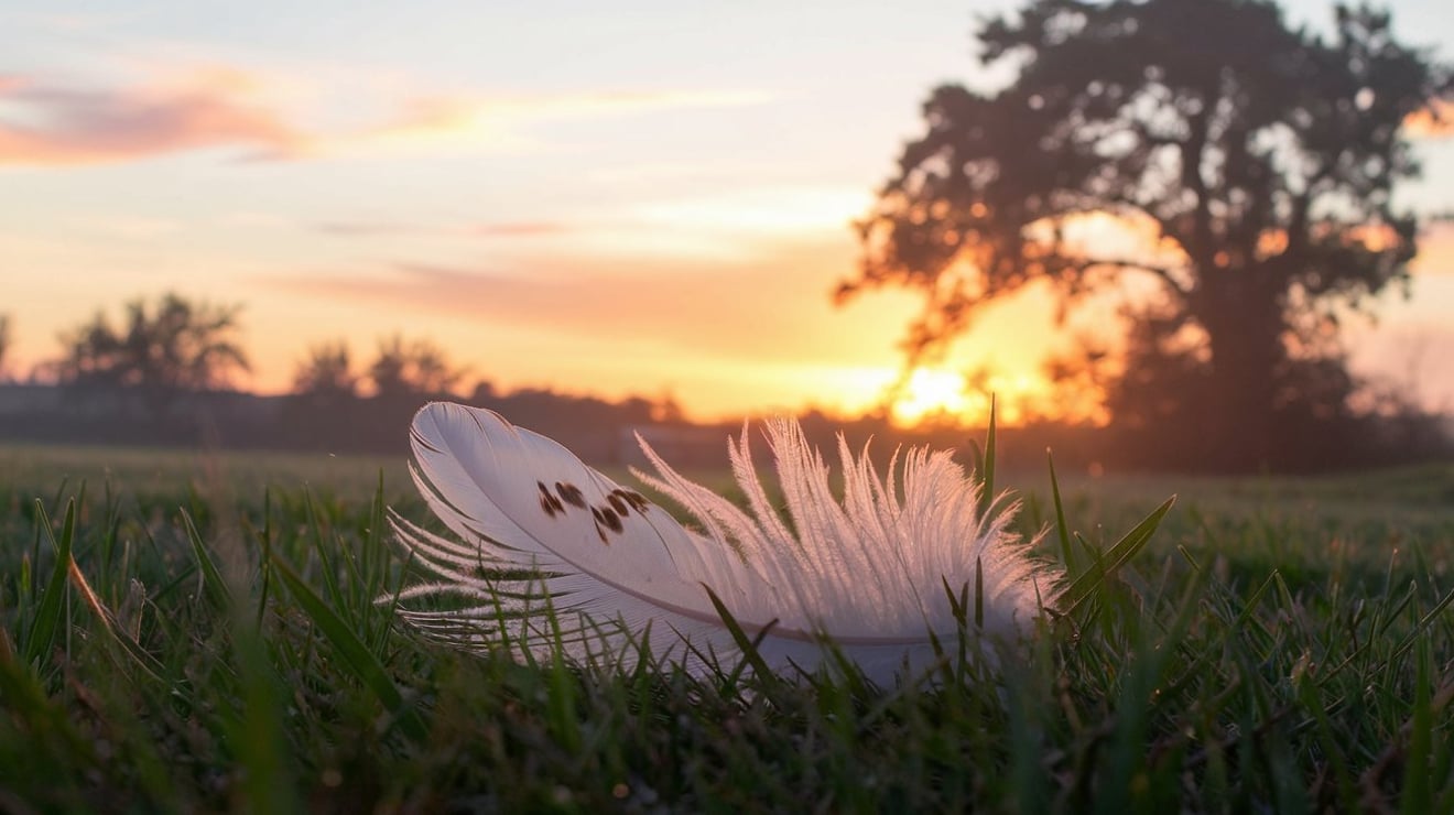 A soft sunrise with an angel feather on the ground