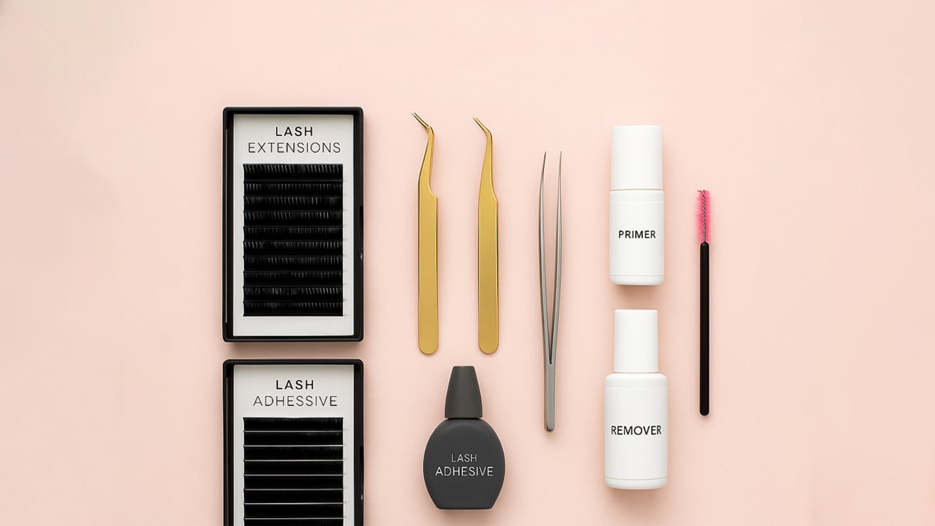 Contents of an eyelash extension kit for beginners including lashes, adhesive, tweezers, and brushes