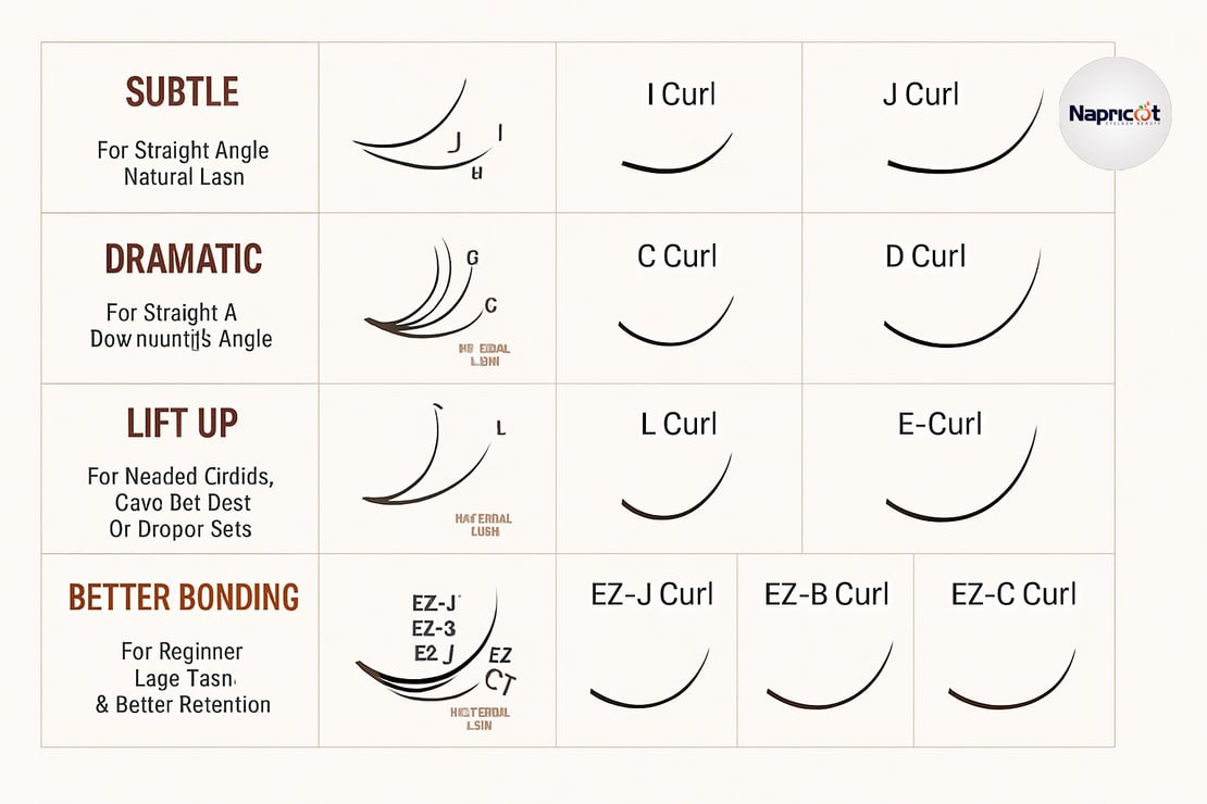 Comparison chart of J, B, C, CC, D, L, and M curl eyelash extensions