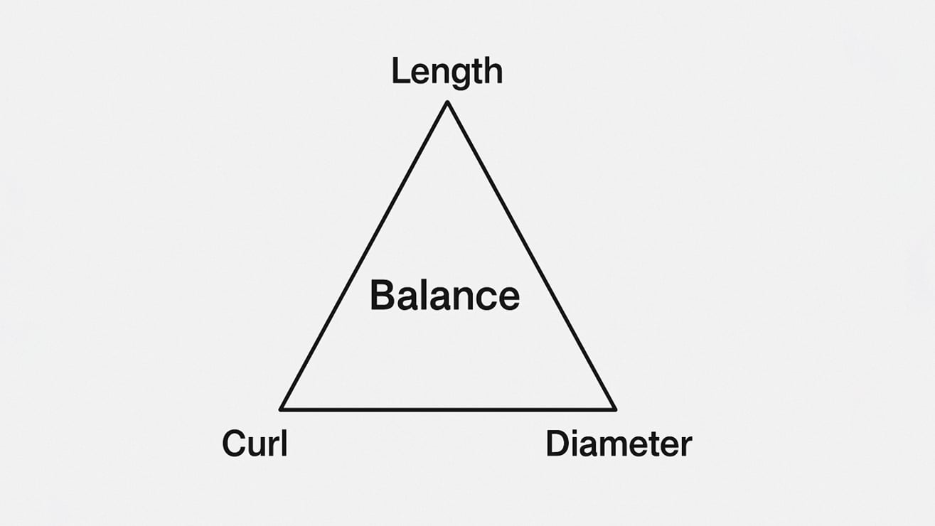 Triangle chart showing balance between eyelash extension length, curl, and diameter