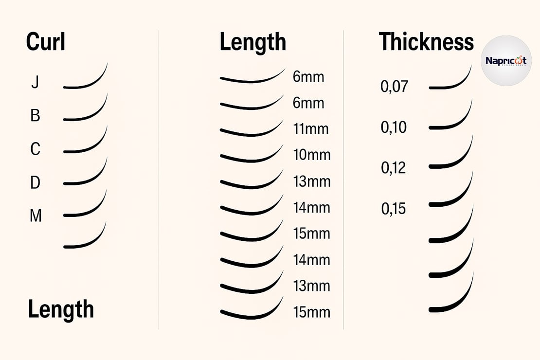 Diagram showing curl, length, and thickness of eyelash extensions