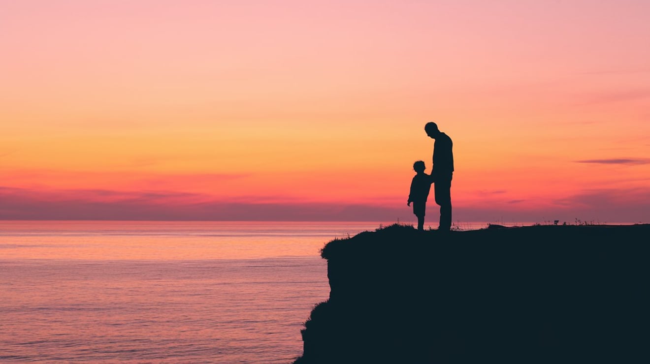 A peaceful sunset with a silhouette of a father and child