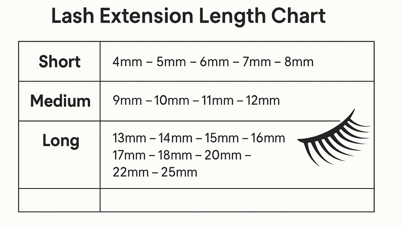 Eyelash extension length chart from 4mm to 25mm with short, medium, long categories