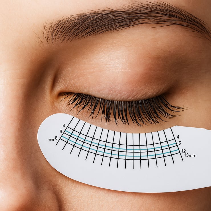Close-up of lash ruler measuring eyelash extension lengths in millimeters